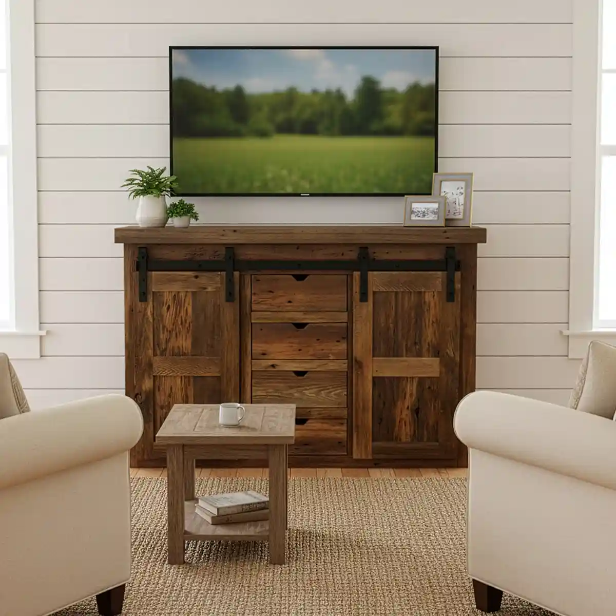 Reclaimed Barnwood Barn Door TV Console 5' Width - Image 5