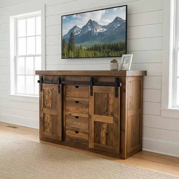 Reclaimed Barnwood Barn Door TV Console 5' Width - Image 3