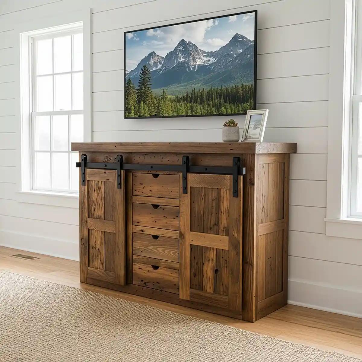 Reclaimed Barnwood Barn Door TV Console 5' Width - Image 3