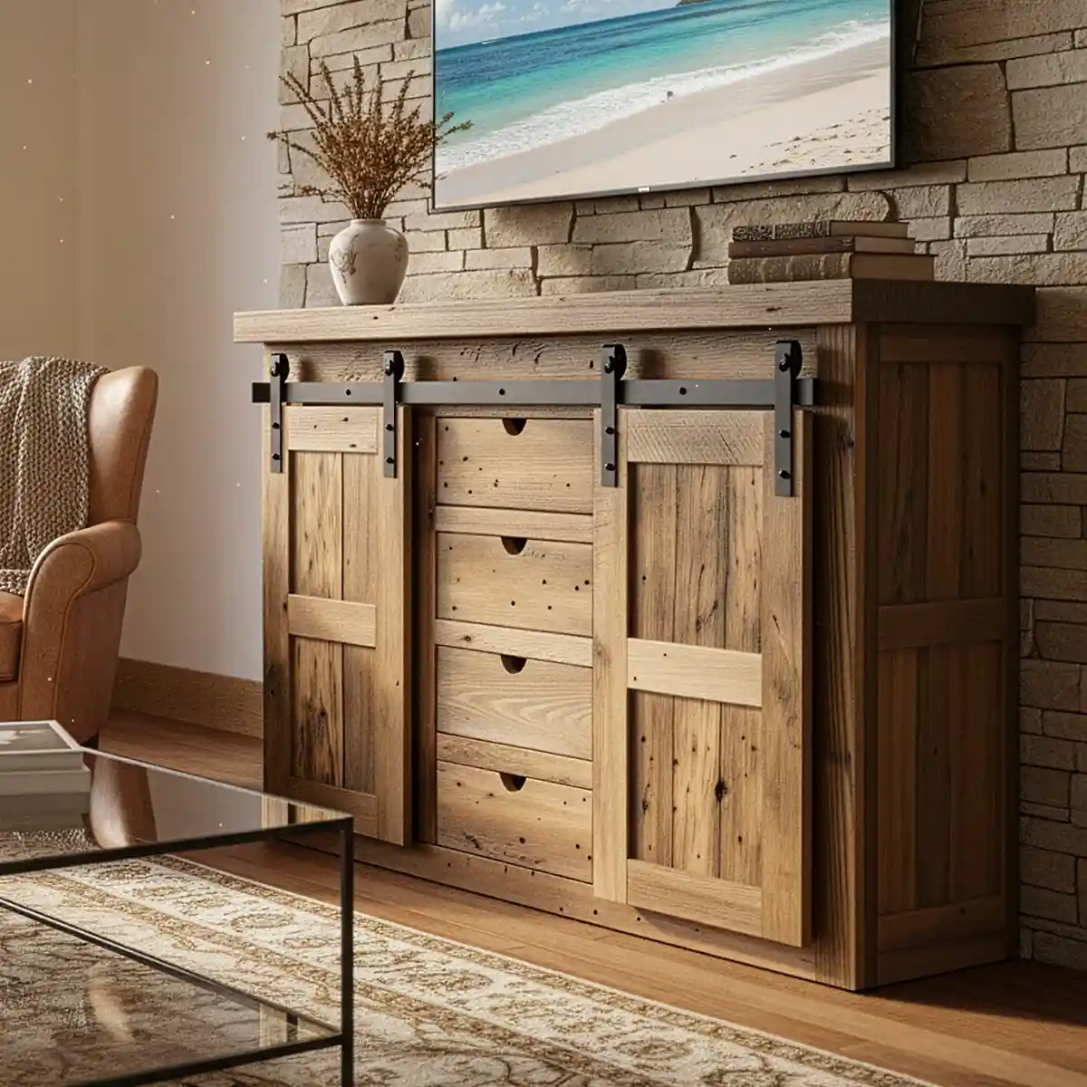 Reclaimed Barnwood Barn Door TV Console 5' Width - Image 4