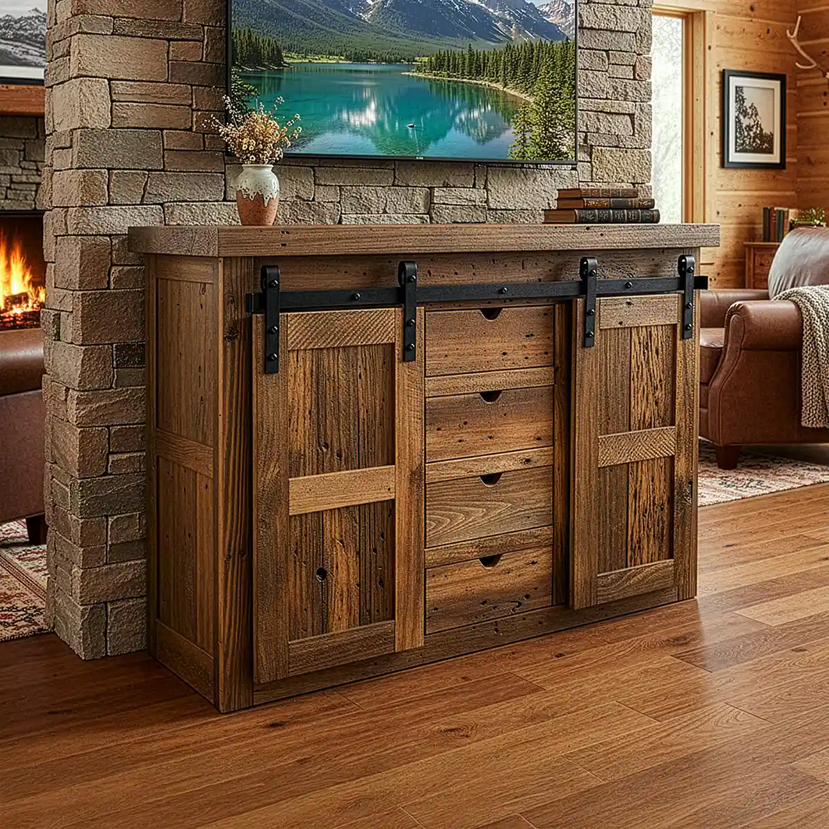 Reclaimed Barnwood Barn Door TV Console 5' Width