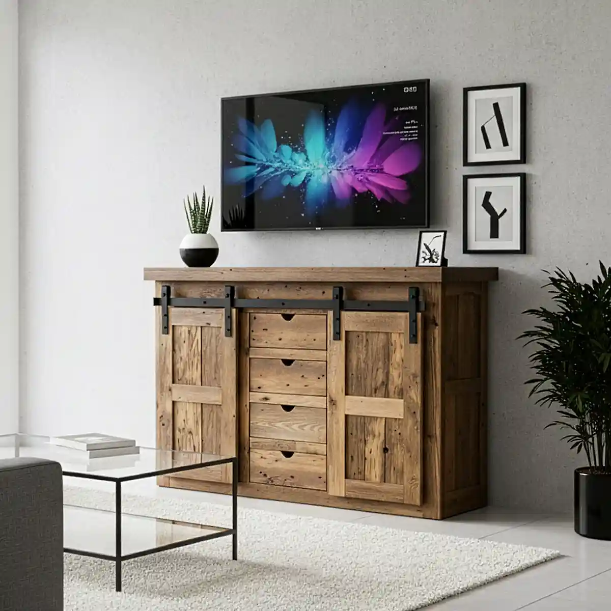 Reclaimed Barnwood Barn Door TV Console 5' Width - Image 2
