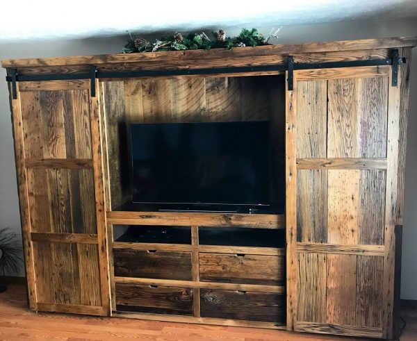 Reclaimed Barnwood Barn Door Entertainment Center - Image 2