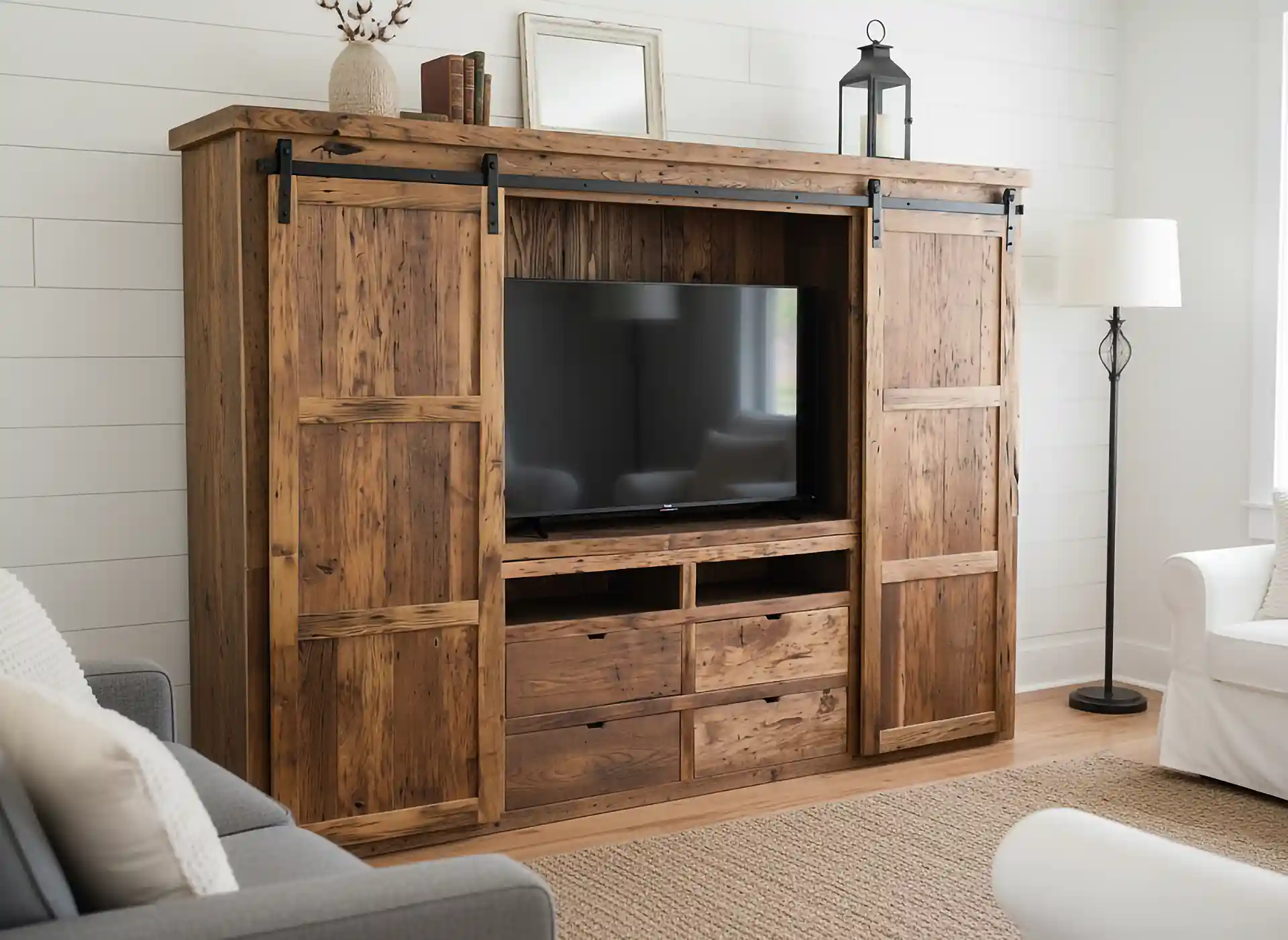 reclaimed barnwood barn door tv console