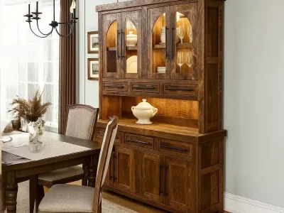 Solid Oak Hutch: 60" Handcrafted Storage Cabinet/Step Back Cupboard - Glass Doors - Ready To Ship!