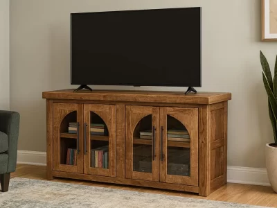 Solid Oak Console Table: 60" Handcrafted Media/TV Cabinet - Glass Doors - Ready to Ship!