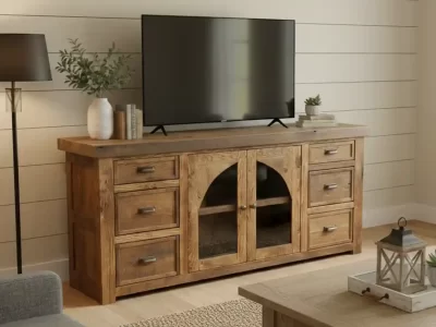 Barnwood TV Stand: 72" Handcrafted Storage Media/TV Cabinet, Glass Doors - Ready To Ship!