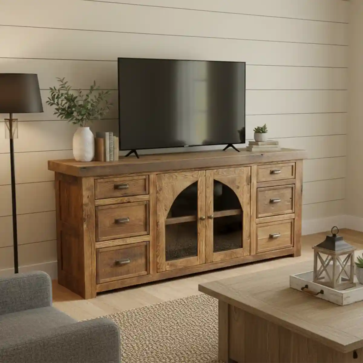 Barnwood TV Stand: 72" Handcrafted Storage Media/TV Cabinet, Glass Doors - Ready To Ship!