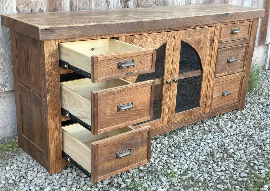 Barnwood TV Stand: 72" Handcrafted Storage Media/TV Cabinet, Glass Doors - Ready To Ship! - Image 3
