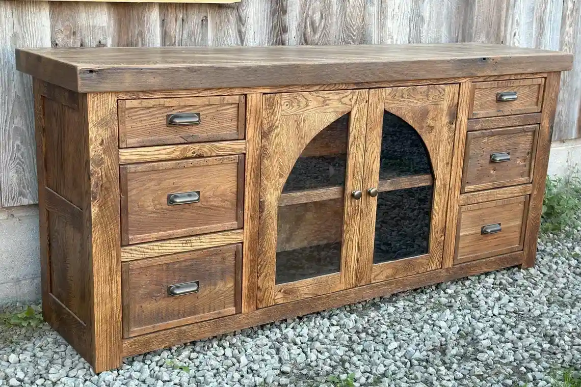Barnwood TV Stand: 72" Handcrafted Storage Media/TV Cabinet, Glass Doors - Ready To Ship! - Image 5