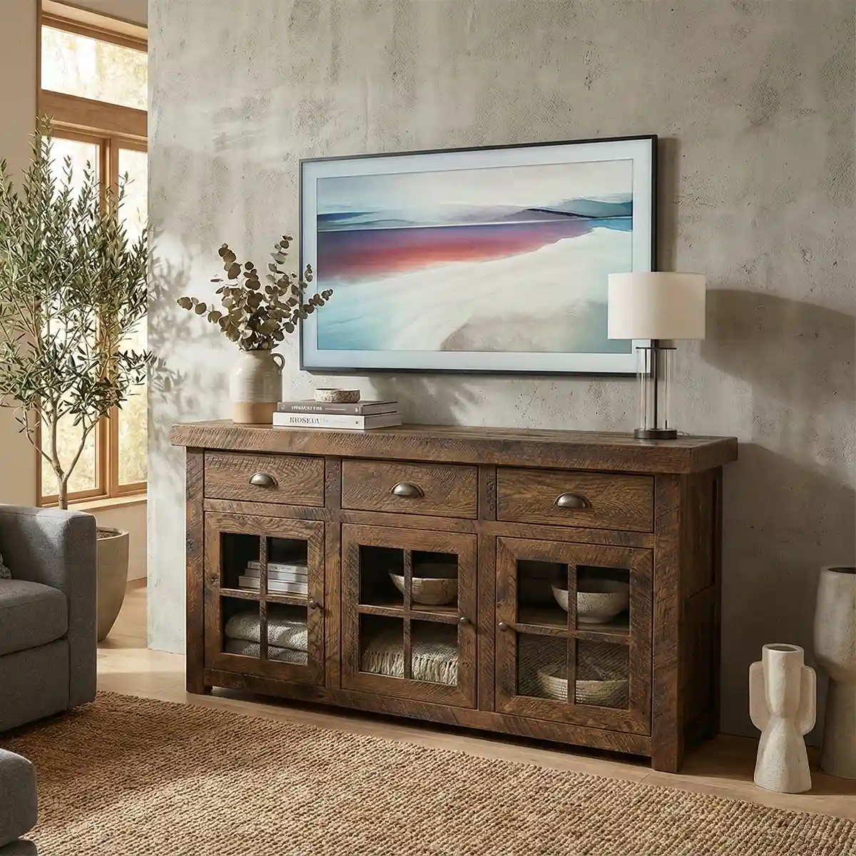 Solid Oak TV Stand: 60" Handcrafted Storage Cabinet - Glass Doors