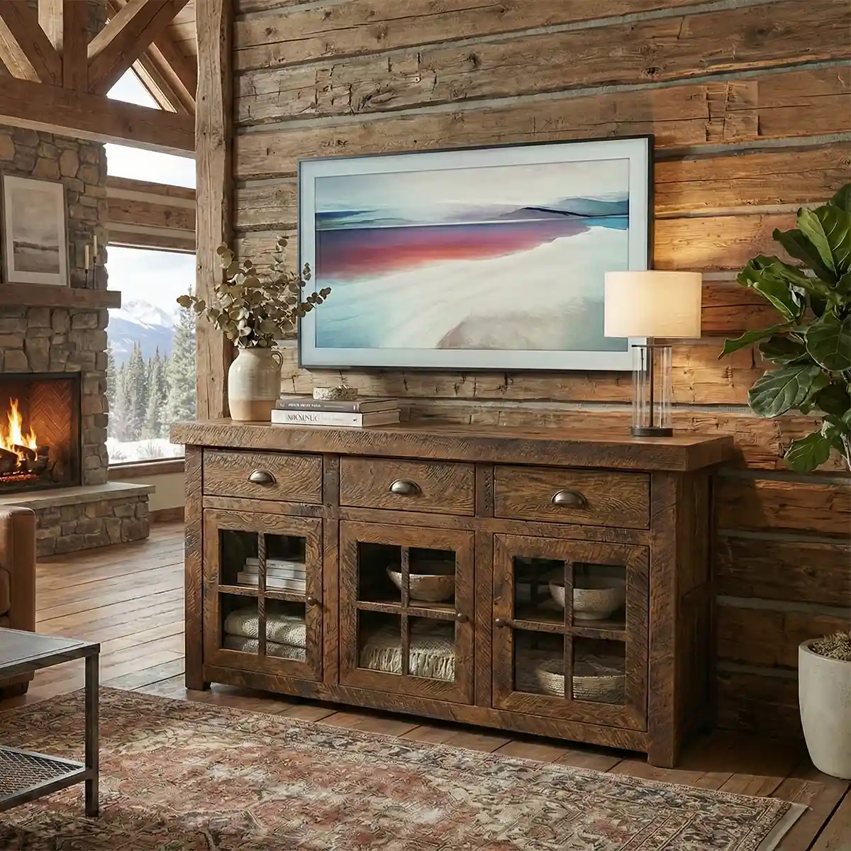 Solid Oak TV Stand: 60" Handcrafted Storage Cabinet - Glass Doors - Image 3