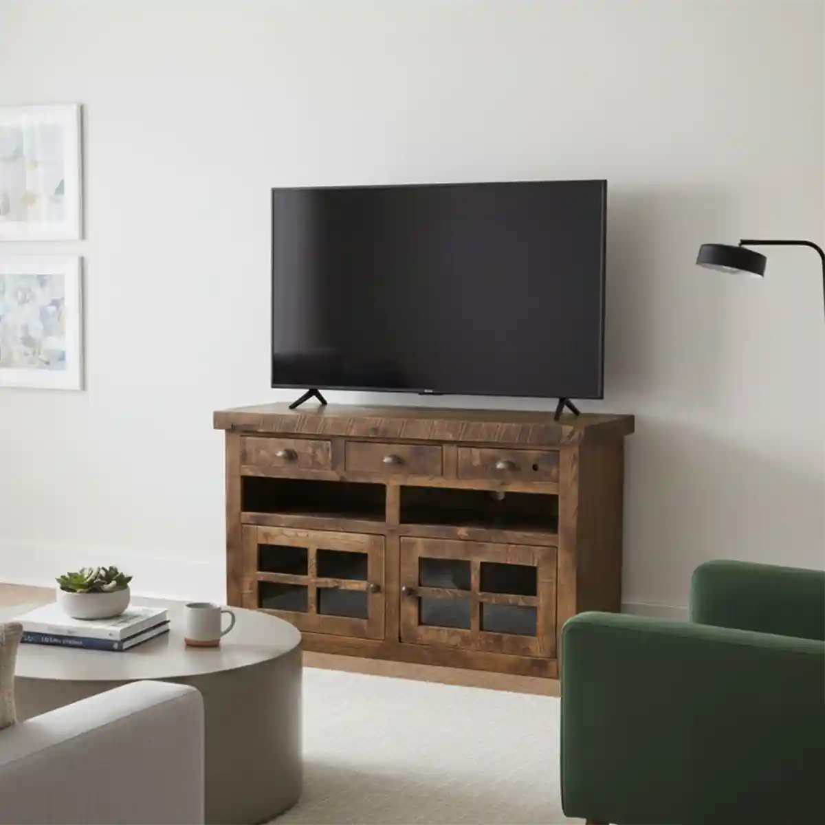 Solid Oak TV Stand: 52" Handcrafted Storage Media/TV Cabinet - Glass Doors - Image 2