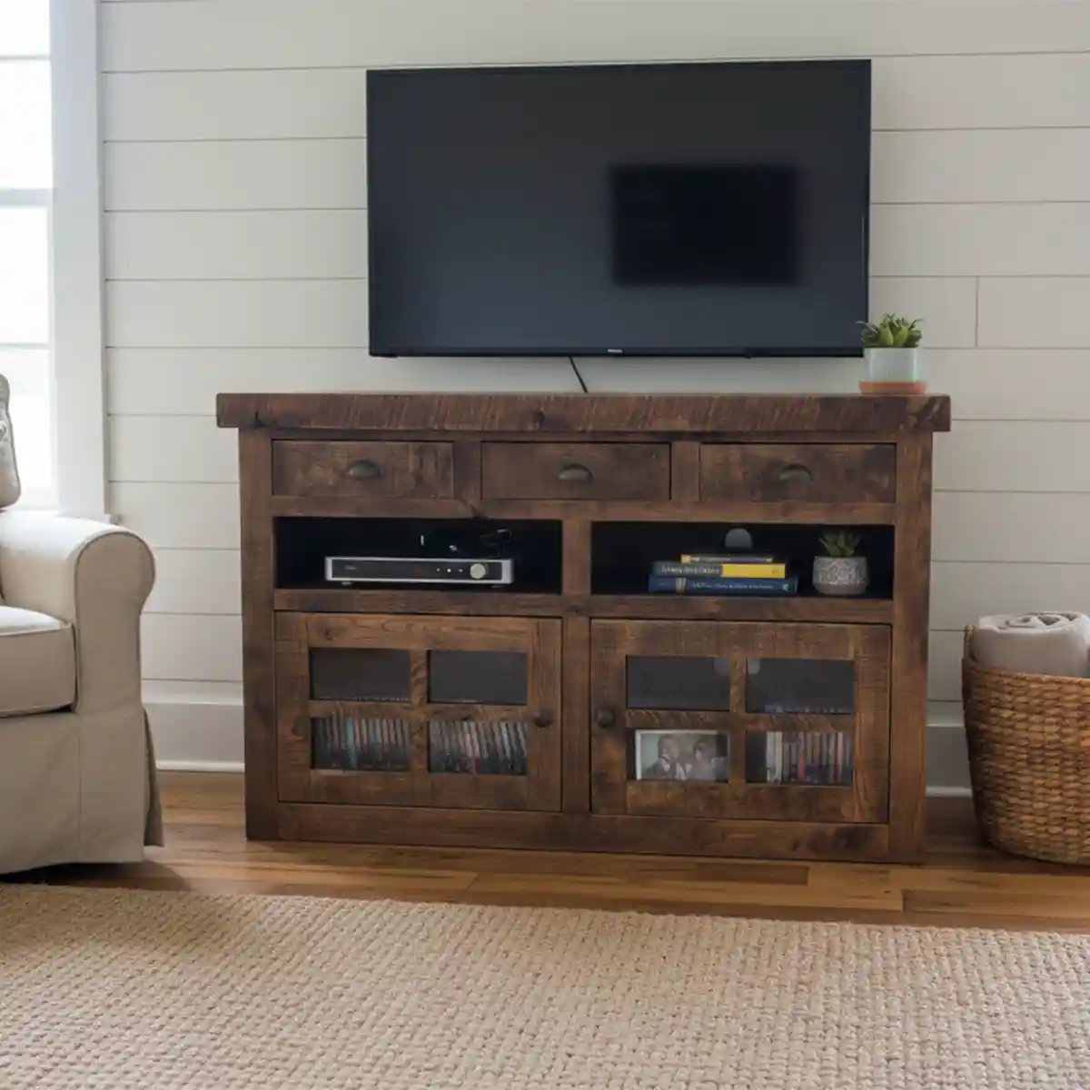 Solid Oak TV Stand: 52" Handcrafted Storage Media/TV Cabinet - Glass Doors - Image 4