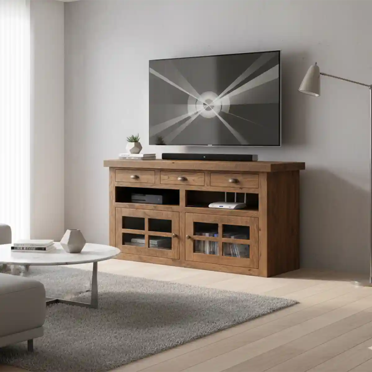 Solid Oak TV Stand: 52" Handcrafted Storage Media/TV Cabinet - Glass Doors