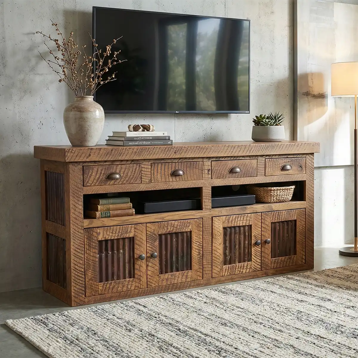 Solid Oak and Metal TV Console 60" Handcrafted